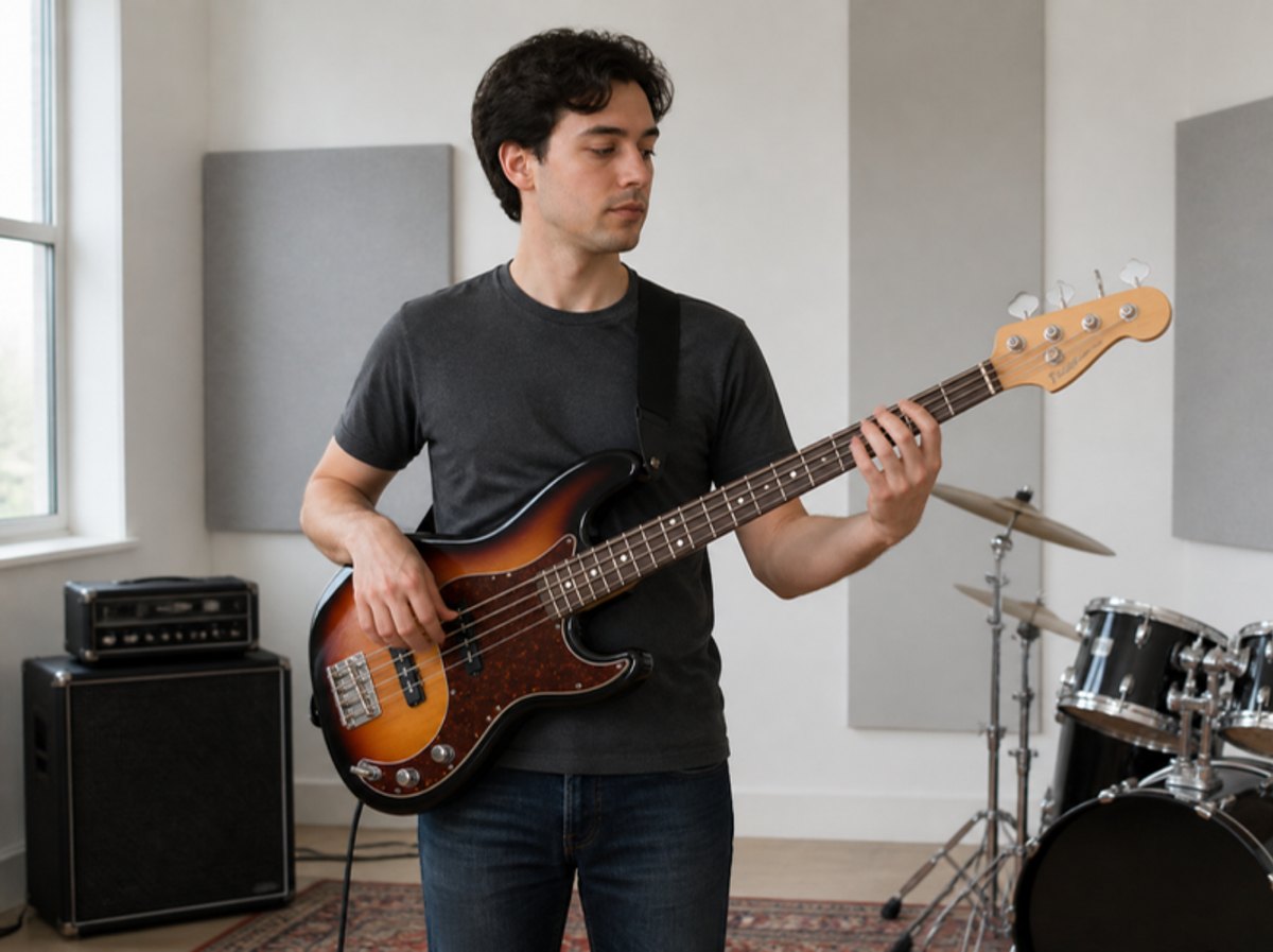 Standing with the bass guitar