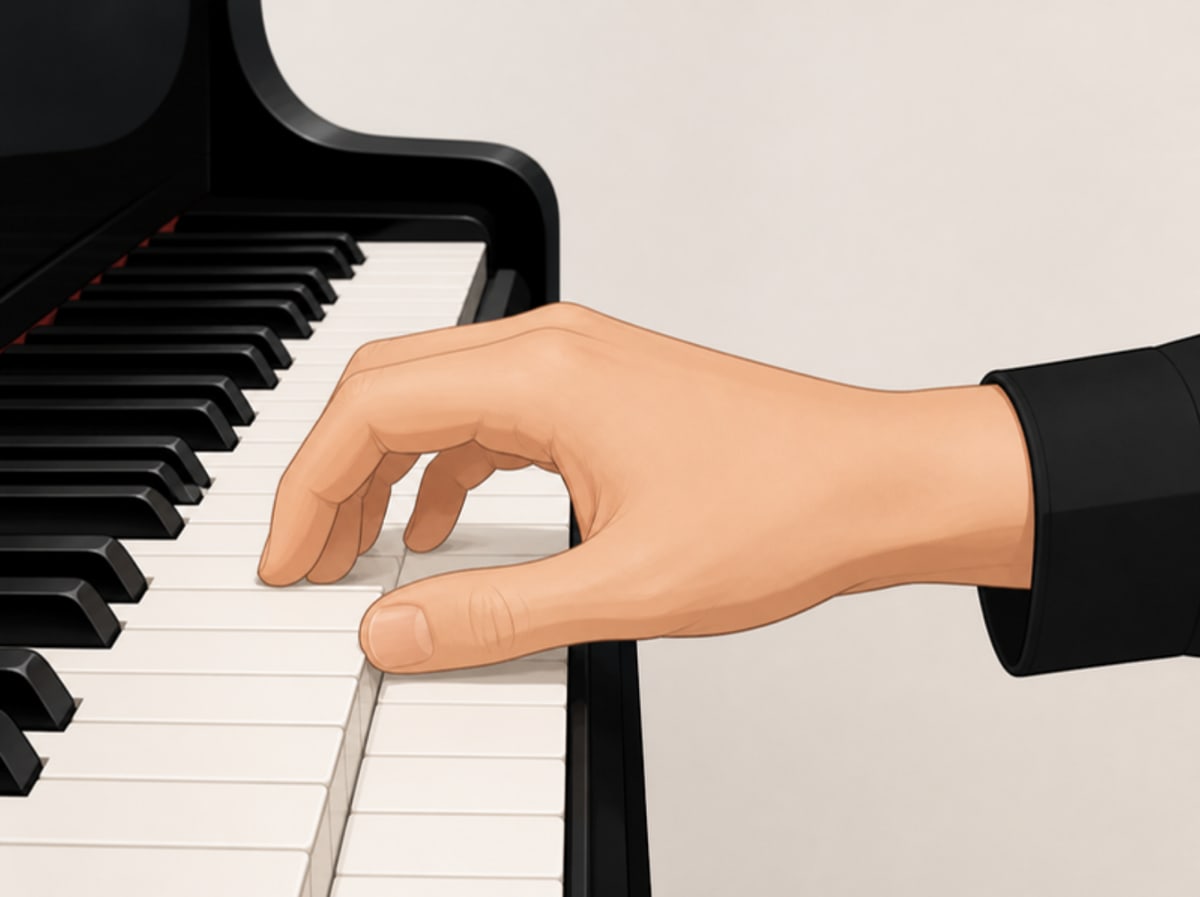 The rounded hand on the keys